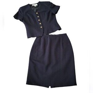 Jones New York women's short sleeve suit top and skirt set, Navy, 12 P